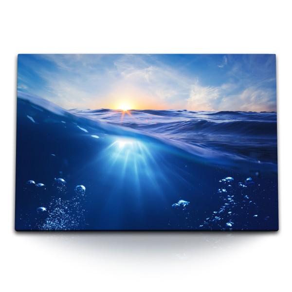 120x80cm Wandbild auf Leinwand Wasser Meer Ozean Blau Sonnenuntergang