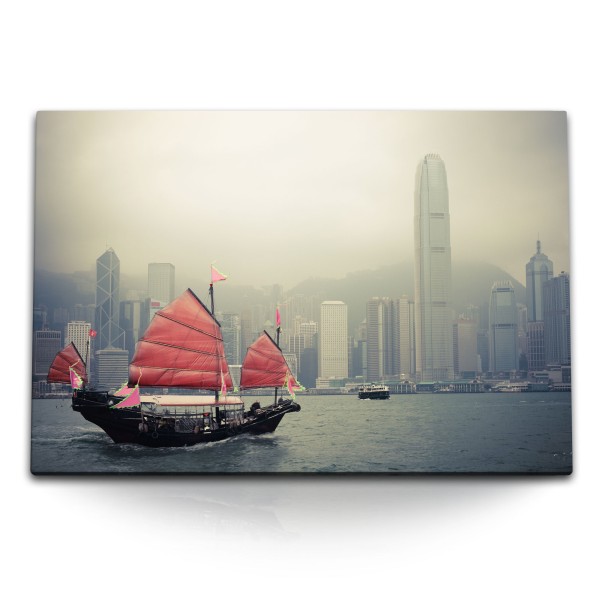 Paul Sinus Art 120x80cm Wandbild auf Leinwand Hongkong chinesisches Segelschiff Wolkenkratzer