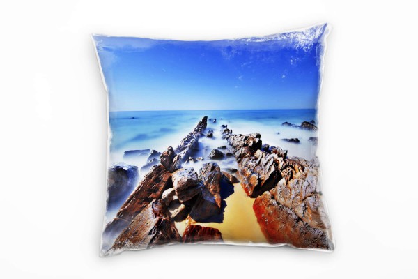 Paul Sinus Art Landschaft, Steine, Meer, Fotografie,Mond, blau, orange Deko Kissen 40x40cm für Couch Sofa Lounge Zi