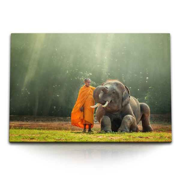 Paul Sinus Art 120x80cm Wandbild auf Leinwand Asiatischer Elefant Thailand Mönch Sonnenstrahlen Natur