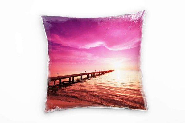 Paul Sinus Art Strand und Meer, pink, orange, Sonnenuntergang, Steg Deko Kissen 40x40cm für Couch Sofa Lounge Zierk