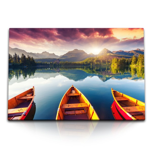 Paul Sinus Art 120x80cm Wandbild auf Leinwand Alpensee Bergsee Berge Natur Boote Sonnenuntergang