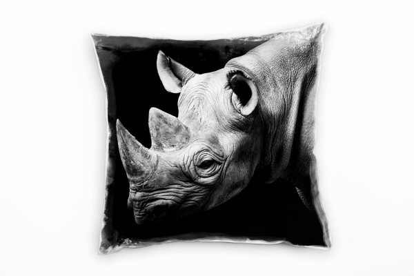 Paul Sinus Art Tiere, grau, schwarz, Nashorn, Nahaufnahme Deko Kissen 40x40cm für Couch Sofa Lounge Zierkissen