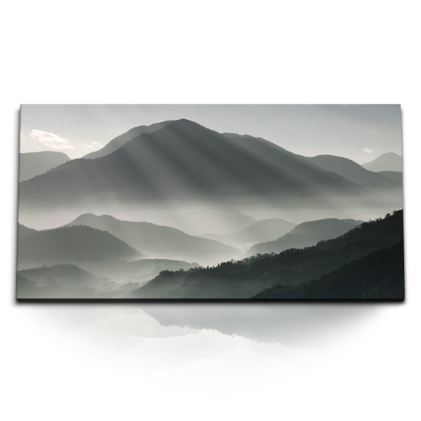 Paul Sinus Art Kunstdruck Bilder 120x60cm Berg Gebirge Nebel Tannenwald Grau Natur