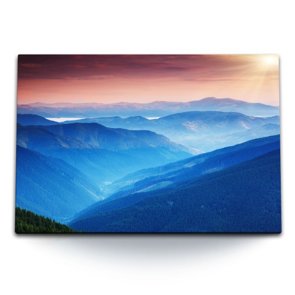 Paul Sinus Art 120x80cm Wandbild auf Leinwand Blaue Berge Sonnenuntergang Natur Gebirge