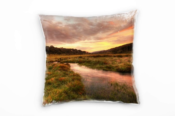 Paul Sinus Art Landschaft, grün, orange, Sonnenaufgang Deko Kissen 40x40cm für Couch Sofa Lounge Zierkissen