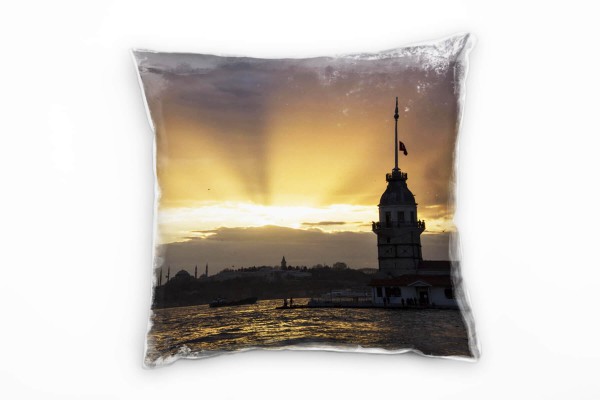 Paul Sinus Art Urban, Leanderturm, Sonnenuntergang, gelb, grau Deko Kissen 40x40cm für Couch Sofa Lounge Zierkissen