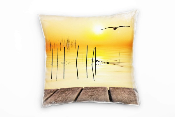 Paul Sinus Art Meer, Sonnenuntergang, Steg, Möwe, orange Deko Kissen 40x40cm für Couch Sofa Lounge Zierkissen