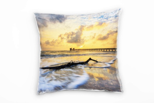 Paul Sinus Art Strand und Meer, Sonnenuntergang, Pier, orange Deko Kissen 40x40cm für Couch Sofa Lounge Zierkissen