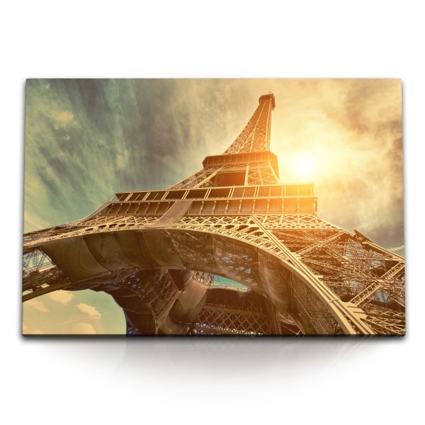 Paul Sinus Art 120x80cm Wandbild auf Leinwand Eiffelturm Paris Sonnenschein Himmel Frankreich