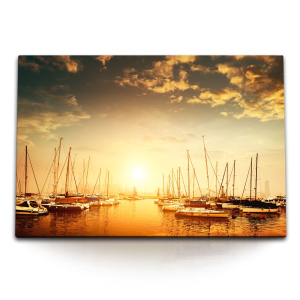 Paul Sinus Art 120x80cm Wandbild auf Leinwand Hafen Segelboot Meer Sonnenuntergang Rot