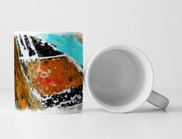 Paul Sinus Art Tasse Geschenk schwarzer Hintergrund, cyan, peru + khaki/weiße Farbspritzer