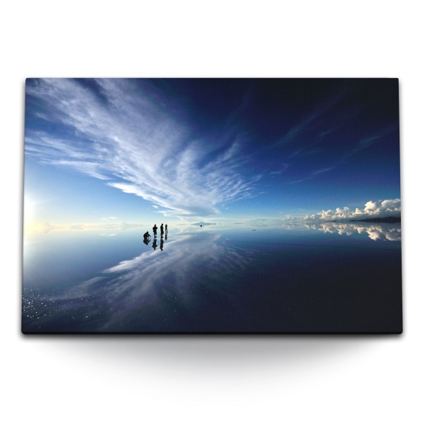 Paul Sinus Art 120x80cm Wandbild auf Leinwand Ebbe Meer Blau weiße Wolken Horizont Wasserspieglung