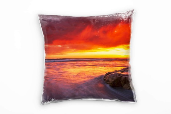 Paul Sinus Art Meer, Sonnenuntergang, Felsen, Brandung, rot Deko Kissen 40x40cm für Couch Sofa Lounge Zierkissen