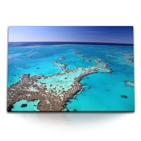 Paul Sinus Art 120x80cm Wandbild auf Leinwand Korallenriff in Australien Meer Horizont Hellblau