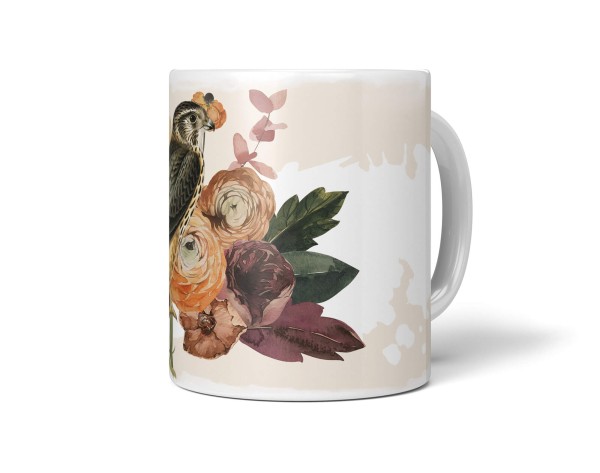 Paul Sinus Art Dekorative Tasse mit schönem Vogel Motiv Falke Blumen Blütenstrauß Kunstvoll Aquarell