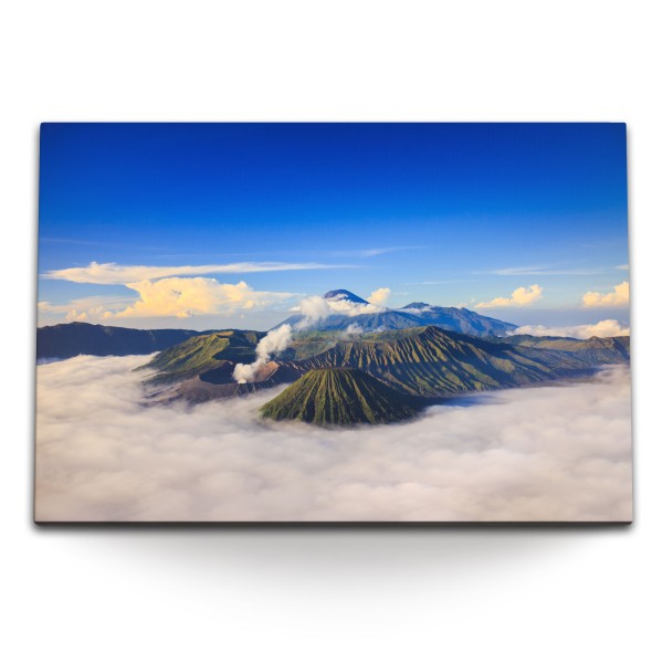 120x80cm Wandbild auf Leinwand Bromo Vulkan Indonesien Wolken Berge blauer Himmel