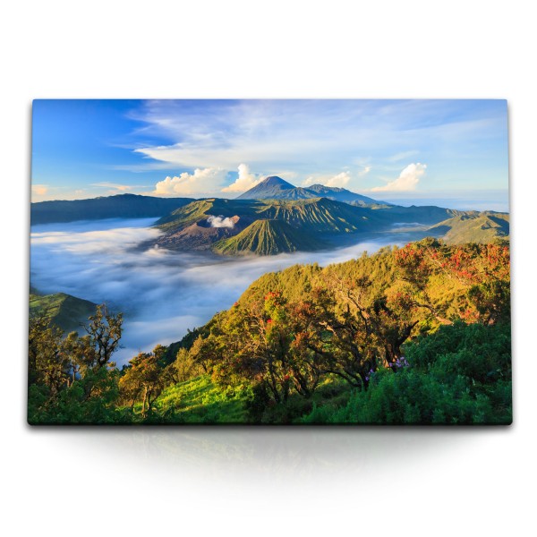 Paul Sinus Art 120x80cm Wandbild auf Leinwand Bromo Vulkan in Indonesien Natur Sonnenuntergang