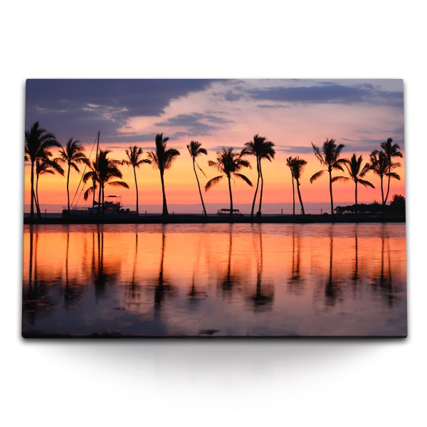 Paul Sinus Art 120x80cm Wandbild auf Leinwand Karibik Palmen roter Himmel Meer Abendrot Sonnenuntergang