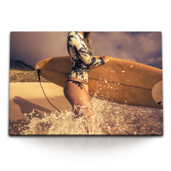 Paul Sinus Art 120x80cm Wandbild auf Leinwand Surferin Surfbrett Strand Surfen Meer