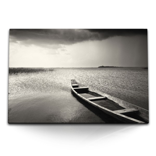 Paul Sinus Art 120x80cm Wandbild auf Leinwand Altes Fischerboot See Meer Regenwolken Düster