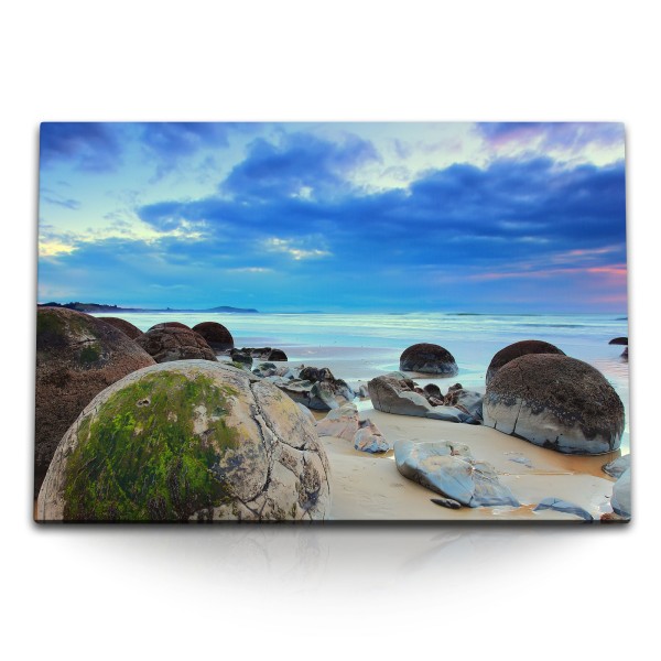 Paul Sinus Art 120x80cm Wandbild auf Leinwand Neuseeland Strand runde Felsen Steine Sonnenuntergang