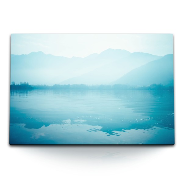 Paul Sinus Art 120x80cm Wandbild auf Leinwand Natur See Hellblau Berge Nebel Blau