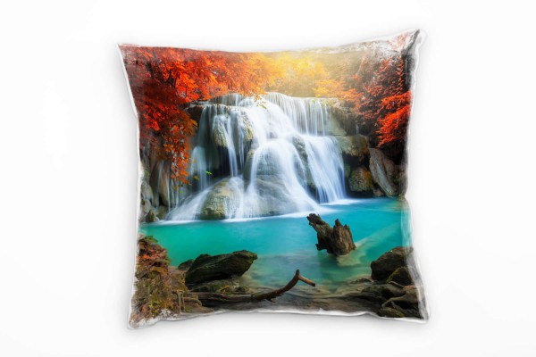 Paul Sinus Art Natur, Wasserfall, Thailand, braun, türkis, rot Deko Kissen 40x40cm für Couch Sofa Lounge Zierkissen