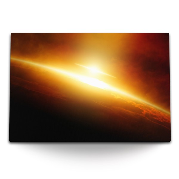 Paul Sinus Art 120x80cm Wandbild auf Leinwand Sonnenuntergang Planet Erde Globus Rot Sonnenstrahlen