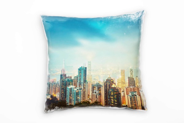 Paul Sinus Art City, Hongkong, Hochhäuser, blau, orange Deko Kissen 40x40cm für Couch Sofa Lounge Zierkissen