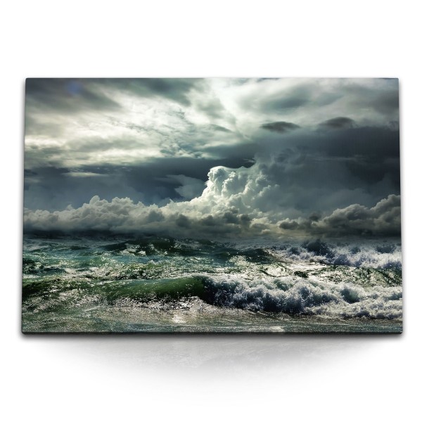 120x80cm Wandbild auf Leinwand Stürmische See Ozean Sturm Welle Grau Wolken