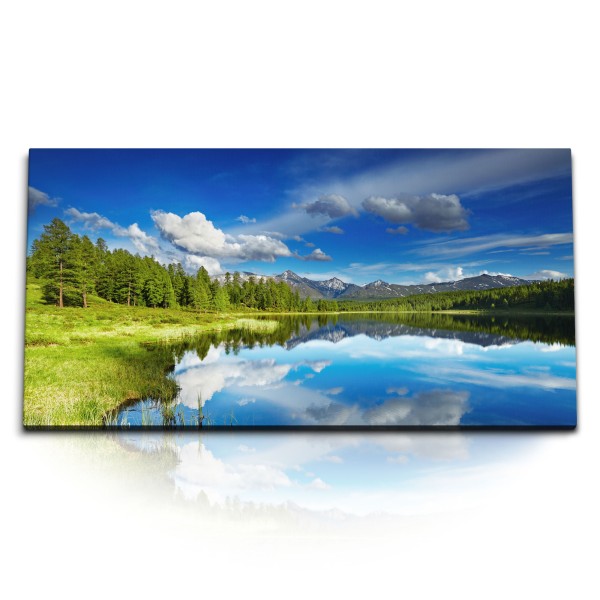 Paul Sinus Art Kunstdruck Bilder 120x60cm Naturbild Landschaft See Blau Berge blauer Himmel