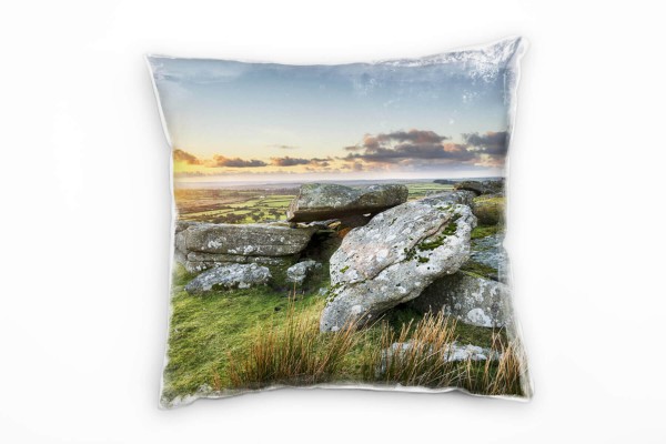 Paul Sinus Art Landschaft, Sonnenuntergang, Felsen, grün, gelb Deko Kissen 40x40cm für Couch Sofa Lounge Zierkissen