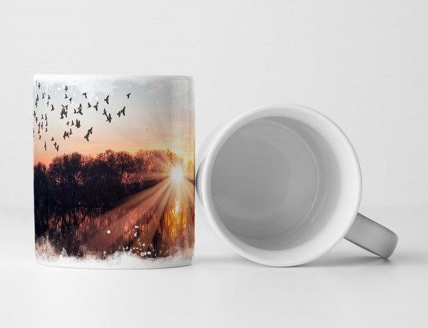 Paul Sinus Art Tasse Geschenk Landschaftsfotografie – Vogelschwarm über einem See bei Sonnenuntergang