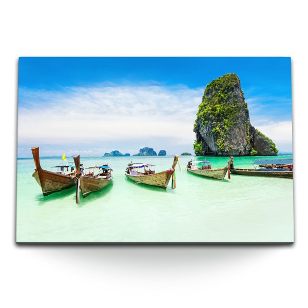 Paul Sinus Art 120x80cm Wandbild auf Leinwand Phuket Insel Felsen Thailand Boote Meer Sommer Urlaub