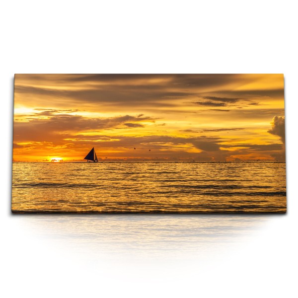 Paul Sinus Art Kunstdruck Bilder 120x60cm Segelboot Horizont roter Himmel Sonnenuntergang Meer