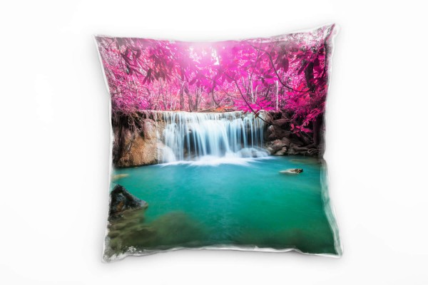 Paul Sinus Art Natur, Wasserfall, Herbst, türkis, pink Deko Kissen 40x40cm für Couch Sofa Lounge Zierkissen