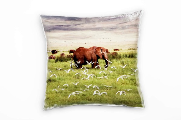 Paul Sinus Art Tiere, Elefant, Afrika, Wiese, grün, braun Deko Kissen 40x40cm für Couch Sofa Lounge Zierkissen