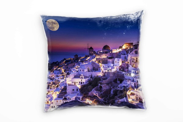 Paul Sinus Art City, blau, weiß, rot, Santorini, Nacht, Griechenland Deko Kissen 40x40cm für Couch Sofa Lounge Zier