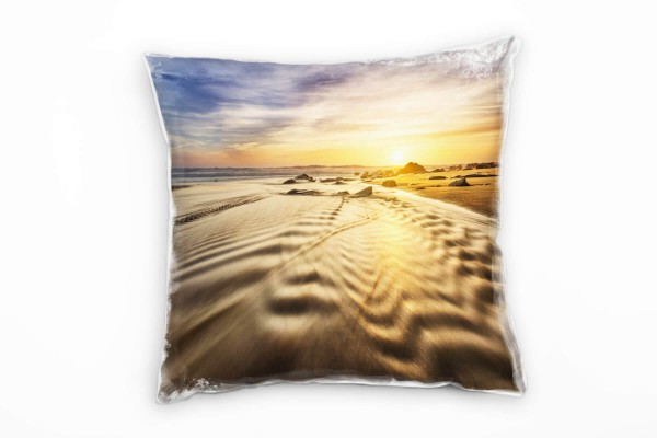 Paul Sinus Art Strand und Meer, beige, blau, Sonnenaufgang Deko Kissen 40x40cm für Couch Sofa Lounge Zierkissen