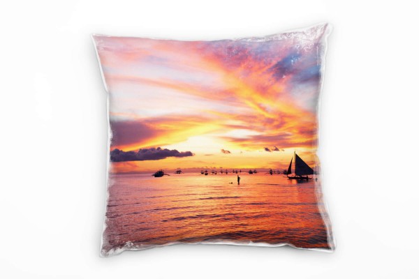 Paul Sinus Art Strand und Meer, Schiffe, bunter Himmel, buntes Wasser Deko Kissen 40x40cm für Couch Sofa Lounge Zie