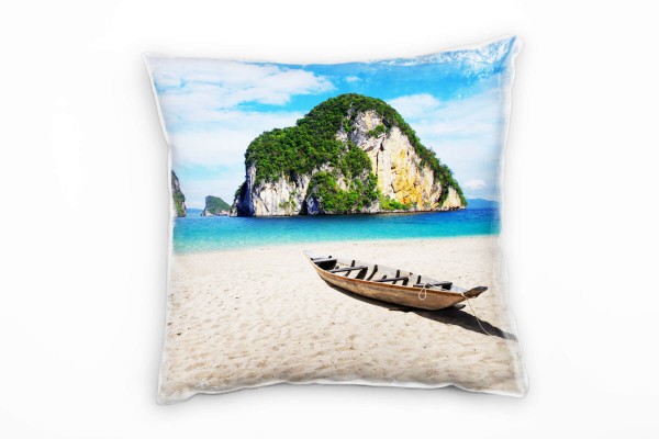 Paul Sinus Art Strand und Meer, beige, türkis, Boot, Felsen Thailand Deko Kissen 40x40cm für Couch Sofa Lounge Zie