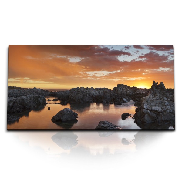 Paul Sinus Art Kunstdruck Bilder 120x60cm Abendrot Sonnenuntergang Felsen Strand Meer