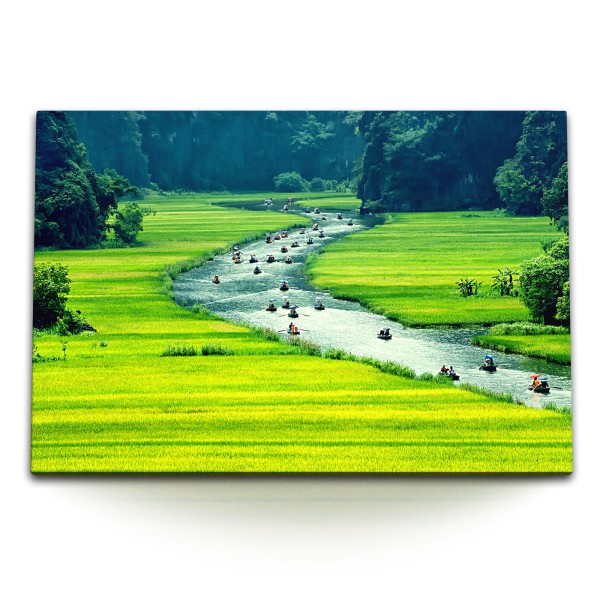 Paul Sinus Art 120x80cm Wandbild auf Leinwand Landschaftsbild Vietnam Fluss Boot Grün Berge