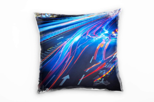 Paul Sinus Art Urban und City, rot, blau, Lichtlinien, Nacht, Straße Deko Kissen 40x40cm für Couch Sofa Lounge Zier