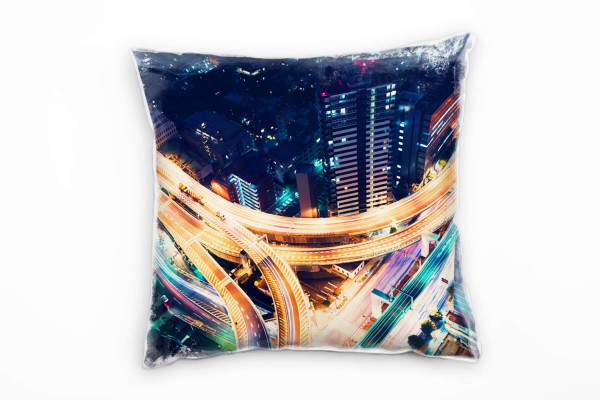 Paul Sinus Art City, Hochhäuser, Lichtlinien, Nacht, blau, orange Deko Kissen 40x40cm für Couch Sofa Lounge Zierkis