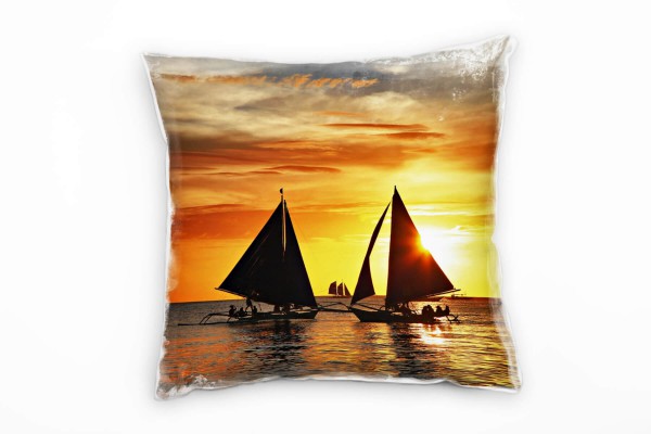 Paul Sinus Art Meer, orange, schwarz, Segelschiffe, Sonnenuntergang Deko Kissen 40x40cm für Couch Sofa Lounge Zierk