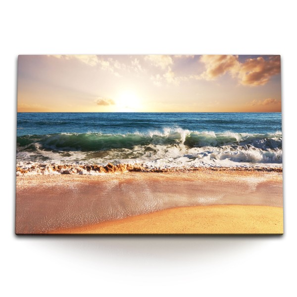 Paul Sinus Art 120x80cm Wandbild auf Leinwand Meer Strand Wellen Sonnenuntergang Horizont