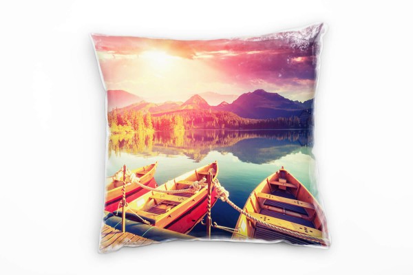 Paul Sinus Art Seen, Boote, Sonnenuntergang, Wald, rot, türkis Deko Kissen 40x40cm für Couch Sofa Lounge Zierkissen