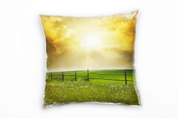 Paul Sinus Art Landschaft, grün, orange, Sommer, Feld, Sonnenuntergang Deko Kissen 40x40cm für Couch Sofa Lounge Zi